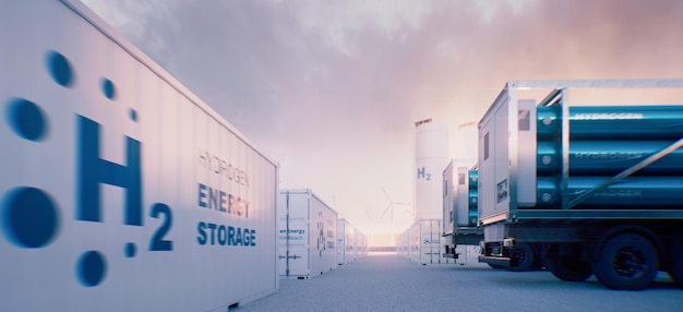 Ein Industriepark, der für die Produktion, Lagerung und Verteilung von Wasserstoff-Windturbinen, containerisierten Elektrolyse-Einheiten, Transportfahrzeugen und H2-Speichertanks genutzt wird.