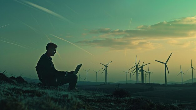 Ein Ingenieur arbeitet an einem Laptop in einem Windpark