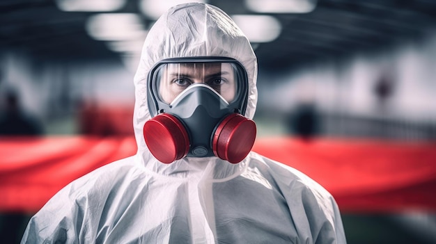 Ein Ingenieur, der auf dem Atomfeld arbeitet, trägt eine Gasmaske und einen Schutzanzug