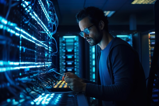 Ein Ingenieur im Serverraum des Rechenzentrums, der Kabel zur generativen KI verbindet