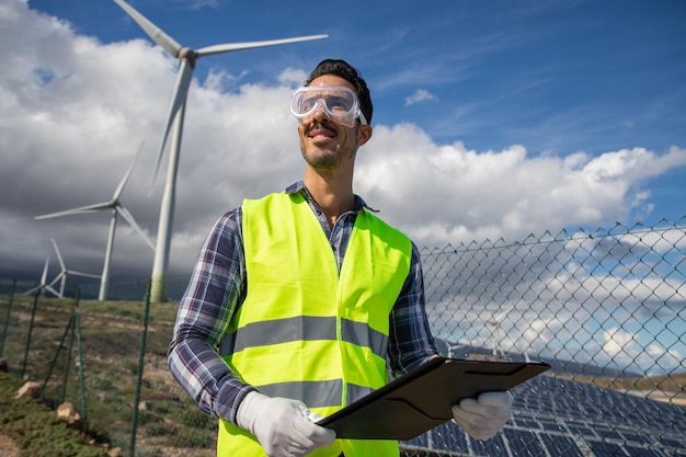 Ein Ingenieur in einem Solarkraftwerk bei der Arbeit selbstbewusste und lächelnde erfolgreiche Person