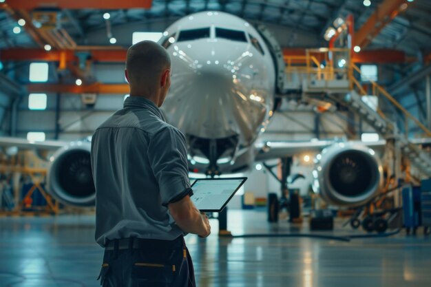 Ein Ingenieur mit einem Clipboard überwacht den Bau eines Flugzeugs in einem Hangar