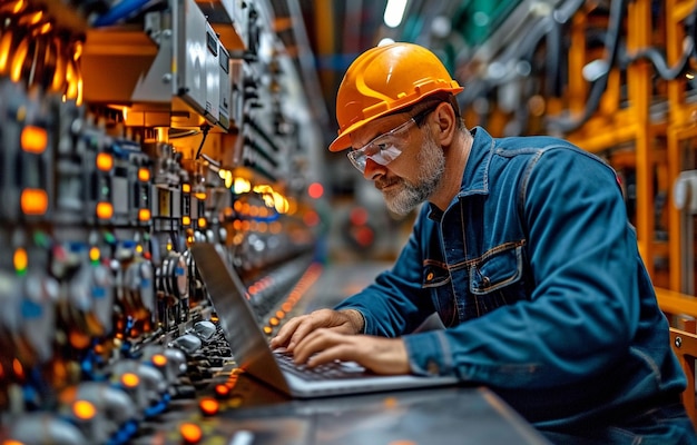 ein Ingenieur mit einem Laptop Ein programmierbarer Logikcontroller steuert eine riesige vollautomatische MaschinexA