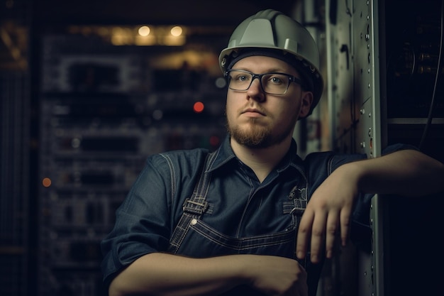 Ein Ingenieur mit Helm und Brille sitzt vor einem dunklen Raumhintergrund