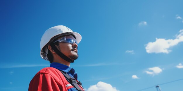 Ein Ingenieur mit Helm und Sicherheitstuch steht vor dem blauen Himmel