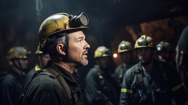 Ein Ingenieur spricht in Nahaufnahme mit einer Gruppe von Arbeitern in der Mine