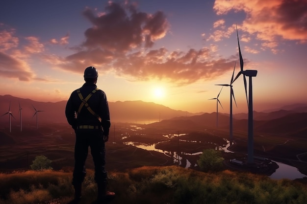 Ein Ingenieur steht auf der Spitze einer Windmühle und schaut auf eine wunderschöne Sonnenuntergang Landschaft uhd32k ar 32 Stil Roh Job ID 0d21bde3189145499c33fd1f0ab021f0