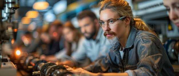 Foto ein ingenieur zeigt lehrlingen, wie man mit einer computergestützten drehmaschine arbeitet