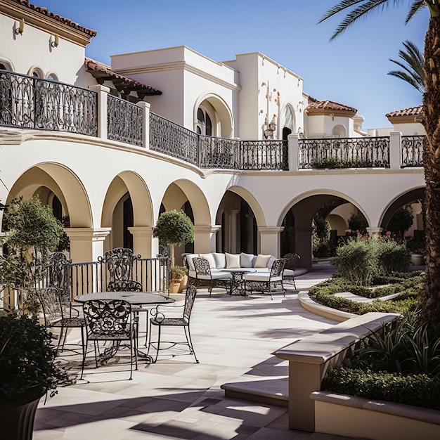 ein Innenhof mit einer Terrasse mit Palme und eine Terrasse mit einem Terrassentisch und Stühlen.