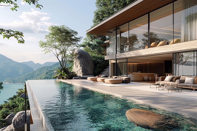 Ein Innenraum des Wohnzimmers eines Pool-Villa-Resorts mit Strandlounge und 3D-Rendering des Berges