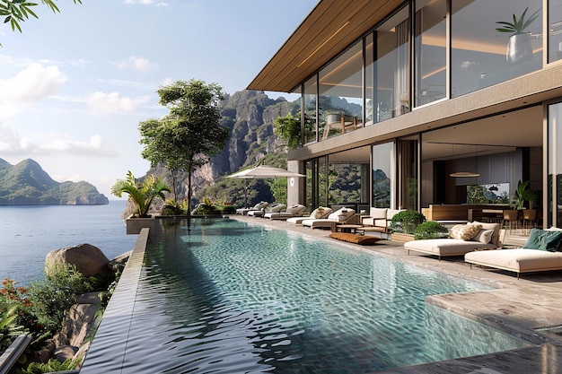 Ein Innenraum des Wohnzimmers eines Pool-Villa-Resorts mit Strandlounge und 3D-Rendering des Berges