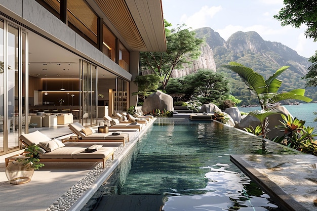 Ein Innenraum des Wohnzimmers eines Pool-Villa-Resorts mit Strandlounge und 3D-Rendering des Berges