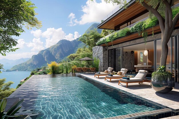 Ein Innenraum des Wohnzimmers eines Pool-Villa-Resorts mit Strandlounge und 3D-Rendering des Berges