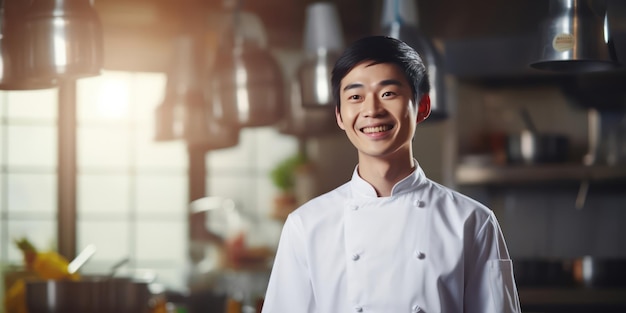 Ein inspirierender Anblick Ein asiatischer Koch findet Freude in einem Lächeln