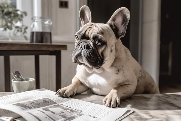 Foto ein intelligenter hund, der zeitung liest, erstellt mit generativen ki-tools