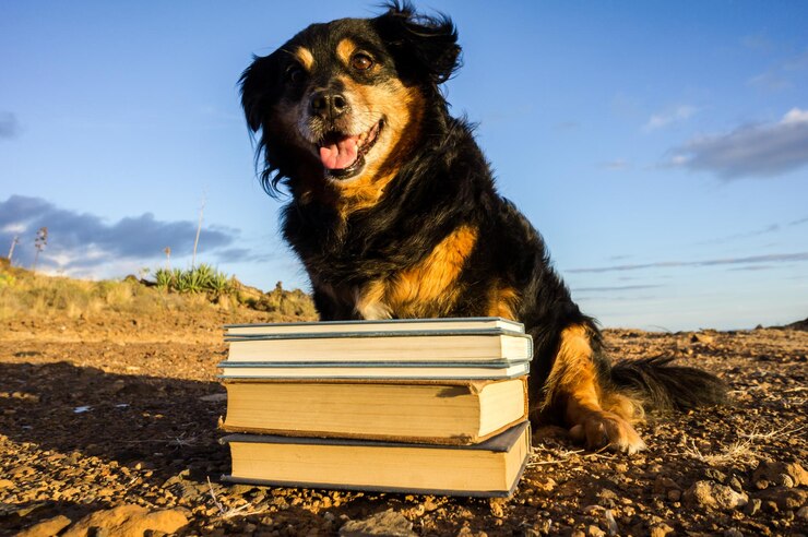 Foto ein intelligenter schwarzer hund, der ein buch liest