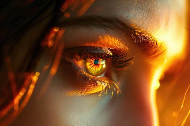 Ein intenses, feuerähnliches Leuchten strahlt aus dem fesselnden Augenbild einer Frau in Nahaufnahme