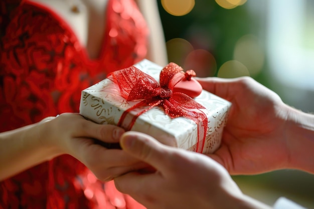 Ein intimer Geschenkeaustausch entfaltet sich vor unseren Augen, als eine Frau in einem atemberaubenden roten Kleid eine sorgfältig verpackte Geschenkkiste erhält, die mit einem roten Band und einem herzförmigen Schmuck geschmückt ist