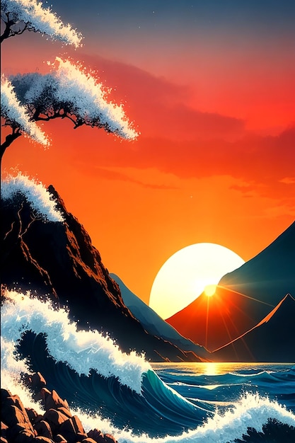 Ein iPhone-Hintergrund mit einem vollfarbigen Bild einer Sonne im japanischen Druckstil