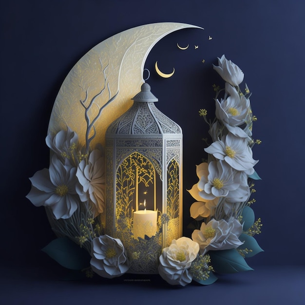 ein islamischer Hintergrund mit blumigem Mond und Lampe