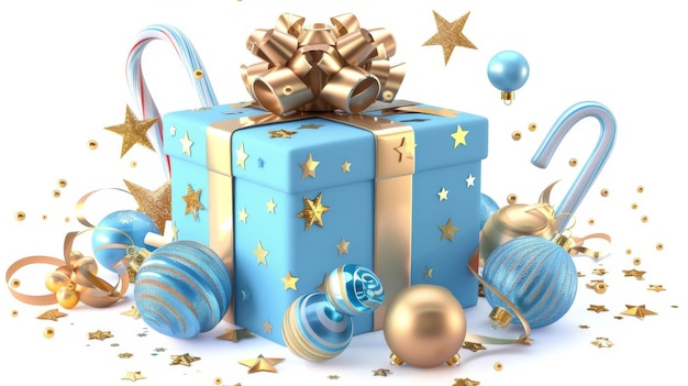 Ein isoliertes festliches Neujahrsklipbild einer in blaue Folie und goldenem Band gewickelten Schachtel unter Glaskugeln, Süßigkeiten, Zuckerstäbchen, Goldsternen und verschiedenen Schmuckstücken