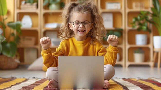 Ein isoliertes Vollkörperporträt eines kleinen Schulkindes, das mit einem Netbook auf dem Boden sitzt und seine Fäuste gegen einen beigen Hintergrund hebt