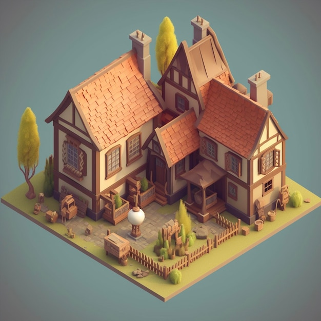 Ein isometrisches 3D-Modell eines mittelalterlichen Bauernhauses mit rotem Dach und Holzzaun