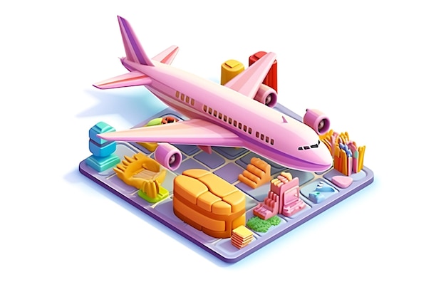ein isometrisches Bild eines rosa Flugzeugs, das auf einigen anderen Objekten sitzt