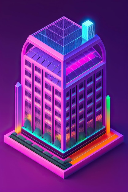 Ein isometrisches Synthwave-Neongebäude