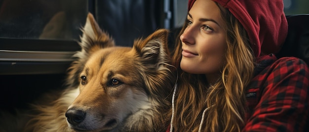 Ein Jack Russell Terrier-Hund und eine weiße Frau schlafen beide in einem Lieferwagen auf einem Camping-Trip