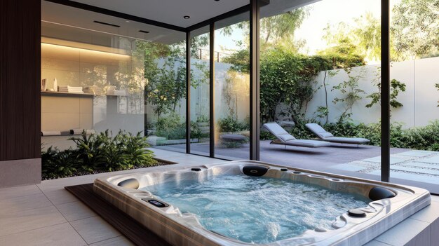 ein Jacuzzi mit einem Pool im Hintergrund und ein Pool mit einem Pool darin