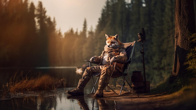 Ein Jäger und sein Hund sitzen auf einem Steg mit einem See im Hintergrund.