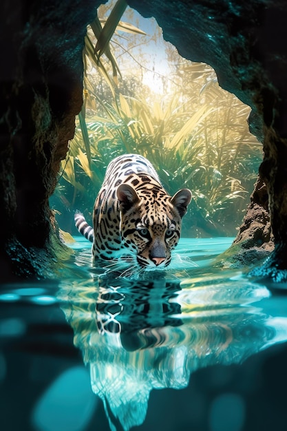 Ein Jaguar im Wasser in der Nähe einer Höhle. Generatives KI-Bild