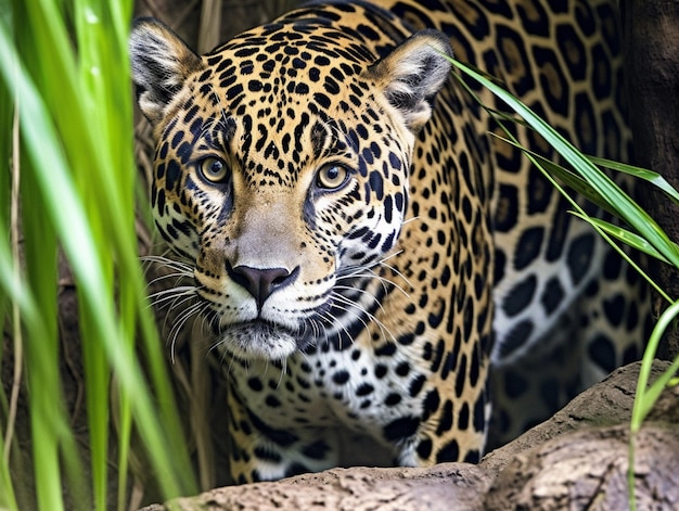 Ein Jaguar steht in einem Dschungel mit hohem Gras.