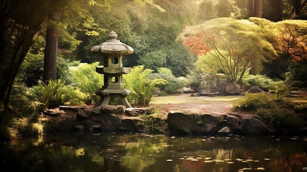Ein japanischer Garten mit einer Steinlaterne und einem Teich mit Bäumen im Hintergrund.