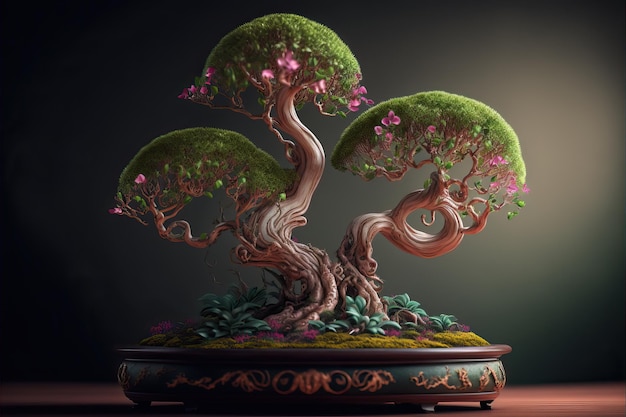 Ein japanischer Kirschblüten-Sakura-Bonsai-Wald, verzaubert mit Elfendörfern und exotischen Pflanzen