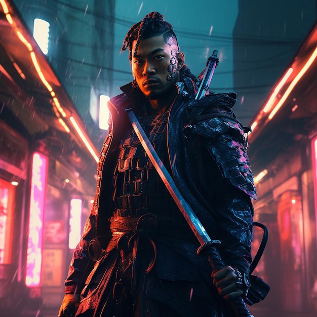 Ein japanischer Mann mitten in einer Cyberpunk-Stadt trägt einen beängstigenden Samurai