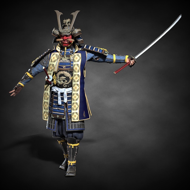 Ein japanischer Samurai mit gezogenem Schwert. 3D-Darstellung
