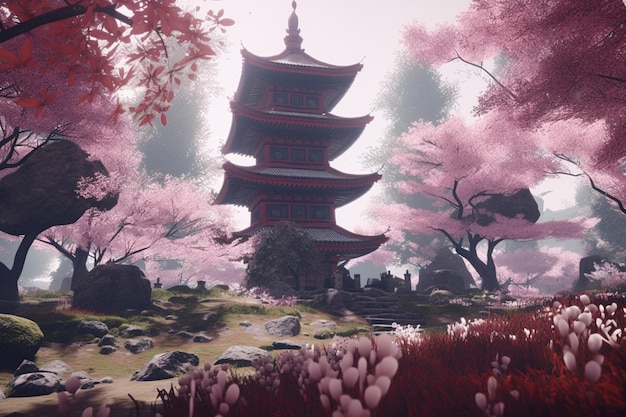 Ein japanischer Tempel in einem Wald mit rosa Blumen