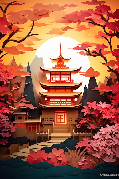 ein japanischer Tempel mit einer roten Pagode im Hintergrund.