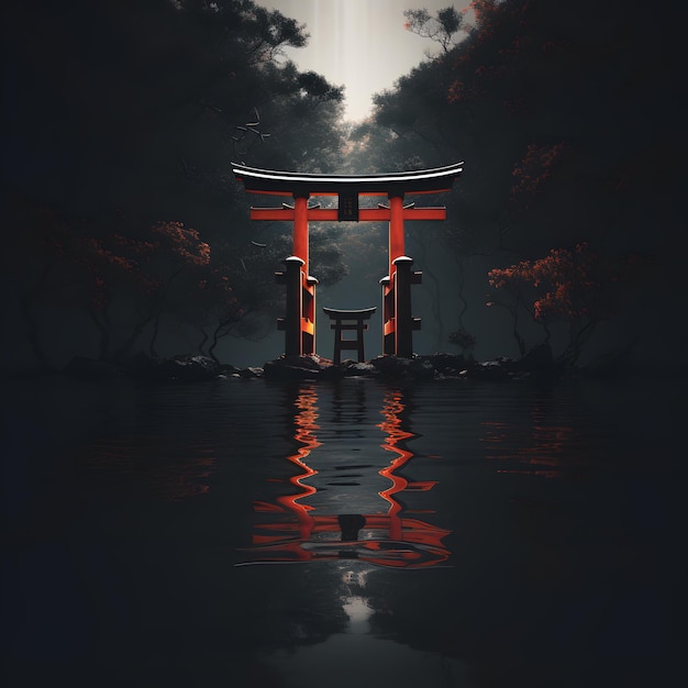 Foto ein japanischer torii in einem ruhigen schwarzen gewässer