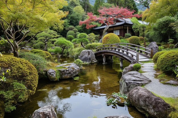 Ein japanischer Zen-Garten mit einem kleinen Teich und einer KI-generierten Brücke