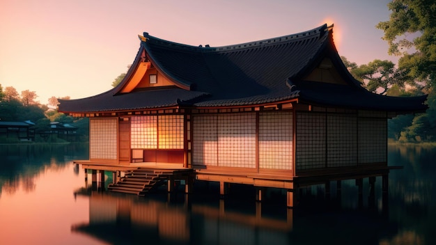Ein japanisches Haus in einem See mit einem Sonnenuntergang im Hintergrund.