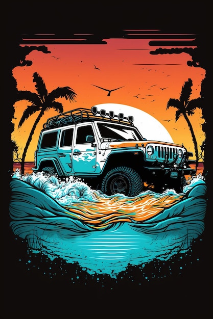 Ein Jeep fährt durch den Ozean mit der Aufschrift „Jeep“ auf der Vorderseite.
