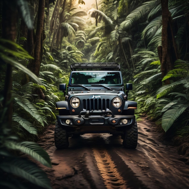 Ein Jeep fährt eine unbefestigte Straße im Dschungel entlang.