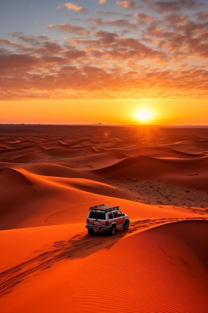 ein Jeep ist bei Sonnenuntergang in den Sanddünen geparkt