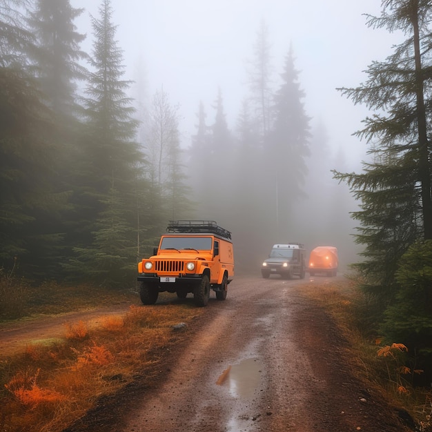 Ein Jeep mit Licht auf dem Dach fährt eine unbefestigte Straße entlang