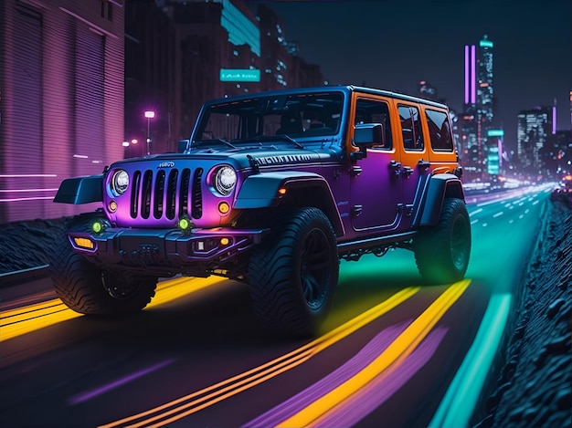 Ein Jeep Rubicon, der nachts gefahren wird