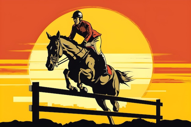 Ein Jockey reitet vor einem Sonnenuntergang auf einem Pferd.