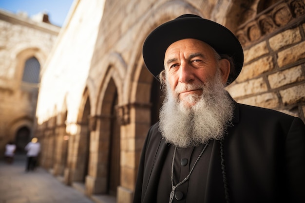 Ein jüdischer Priester in traditioneller Kleidung vor den Türen der Synagoge